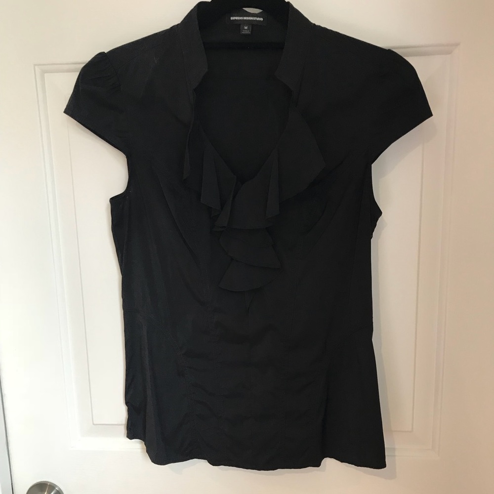 Black ruffle v neck blouse